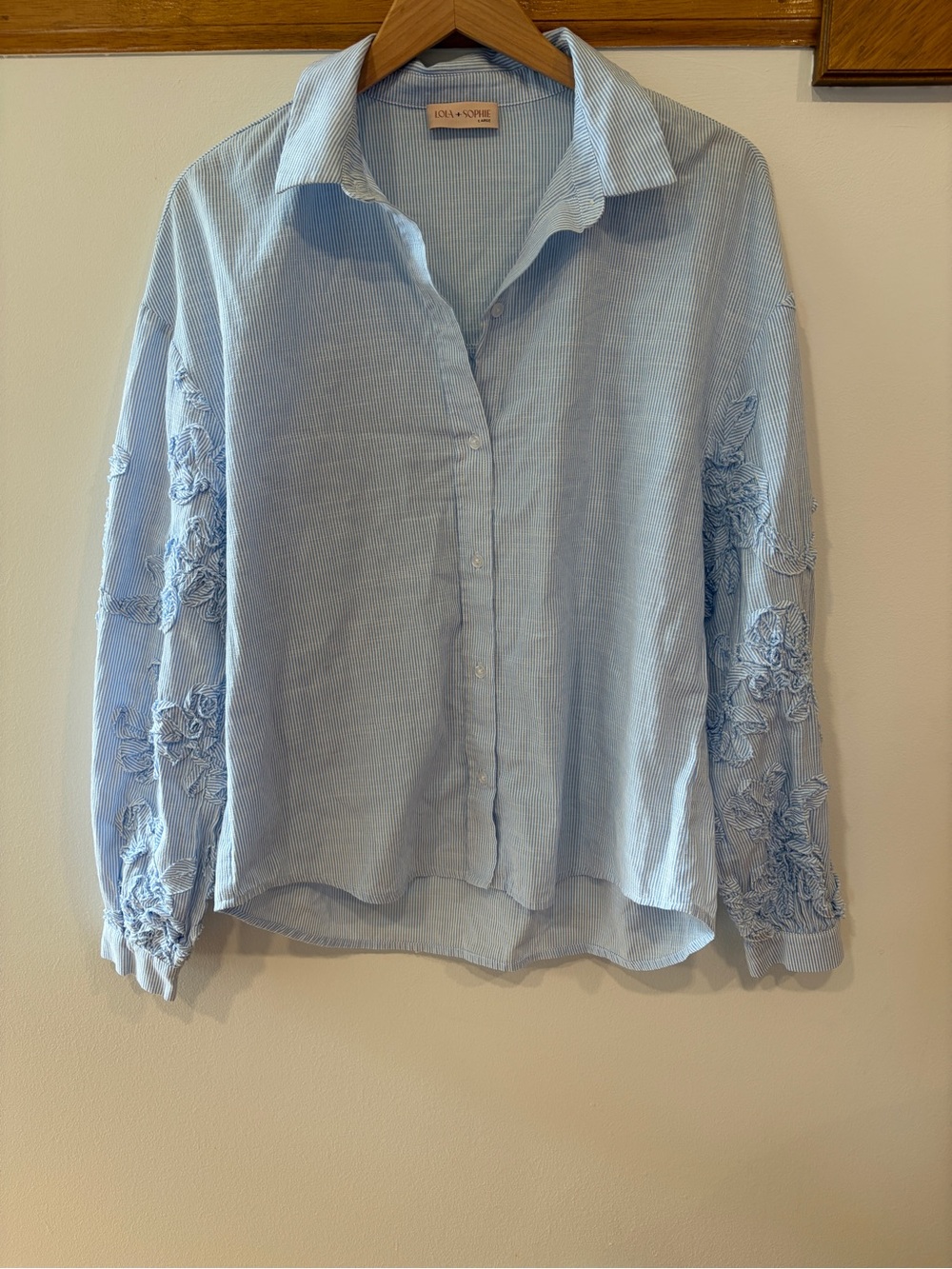 Lola&Sophie Embroidered Sleeve Blue and White Stripe Button Down Shirt